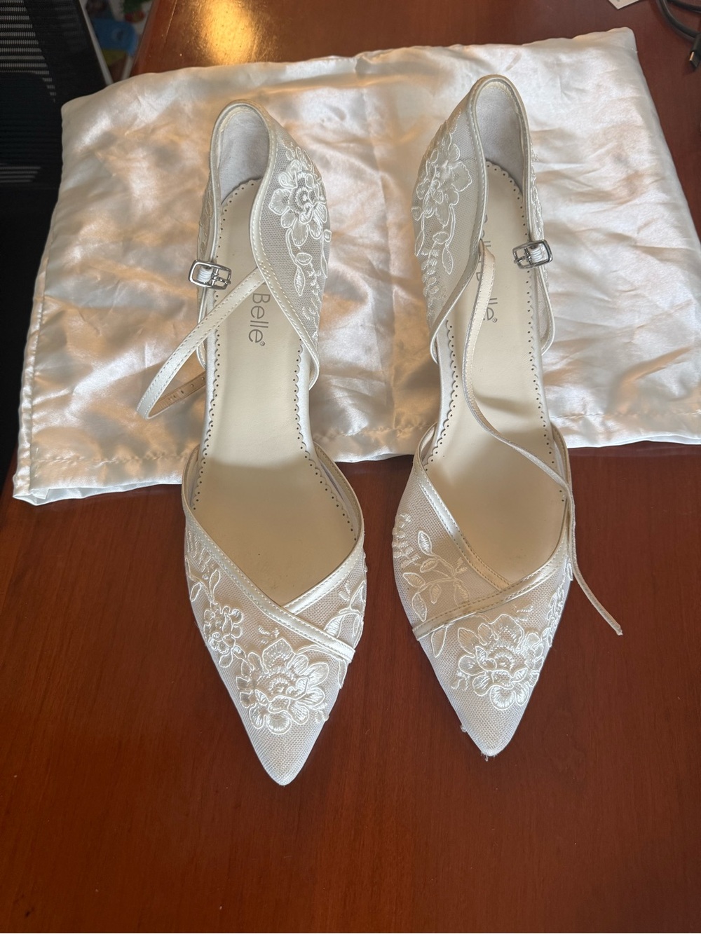 Bella Belle Ivory “wedding” Floral Lace Pointed Heels with satin Ankle Strap